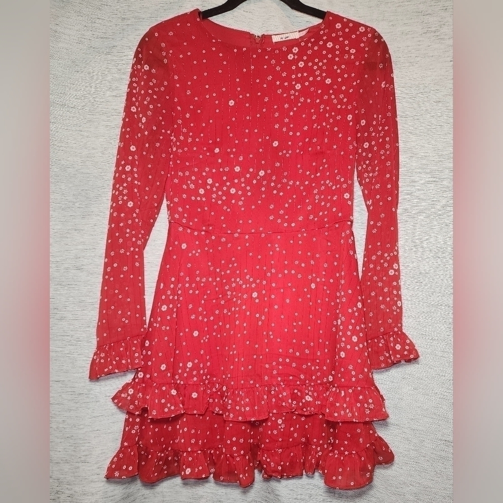 Mi Ami Small Red/white/Shimmer Sheer Overlay & Sleeves Ruffle